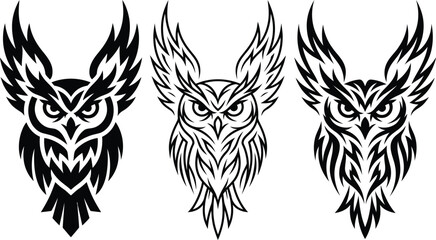 Obraz premium Set of three tribal owl head illustrations with intricate line art for creative tattoo designs and logos.