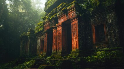 Obraz premium Ancient stone structure facade overtaken by lush jungle foliage in misty conditions