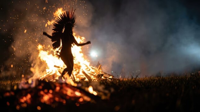 Silhouette of a person in headdress dancing by a large bonfire at night