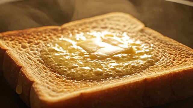 Buttery toast with melting butter on golden brown bread slice, warm crispy breakfast food close up showing golden toasted bread with melted butter and steam rising delicious food