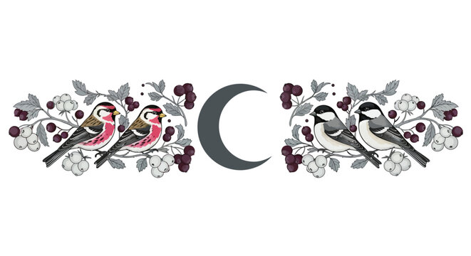 Nordic Winter Moon Border with Symmetrical Charcoal Grey Birds and Berries
