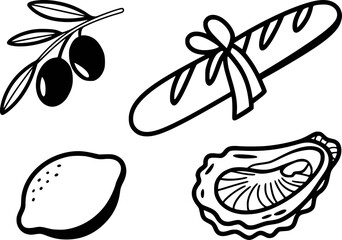 Naklejka premium Hand-drawn black and white of french baguette, olives, lemon, and oyster white background