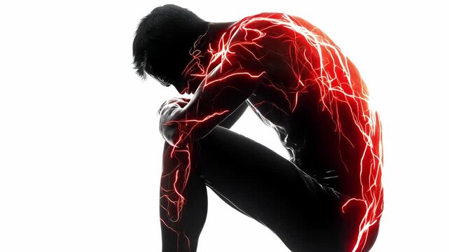 A male figure is in a crouched position with glowing energy lines around the body, highliting pain spots over a white background