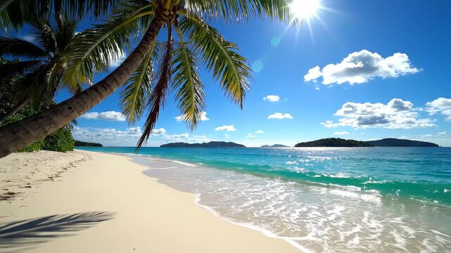 Tropical beach with palm tree and ocean ideal for travel vlogs and eco-friendly campaigns