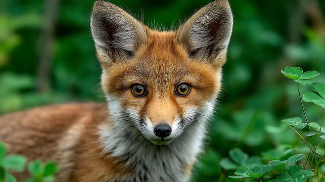 fox cub with oversized fluffy ears perched symmetrically on a bed of vibrant green clover, tiny pink nose centered in frame, enormous round amber eyes gazing directly into lens, soft natural 