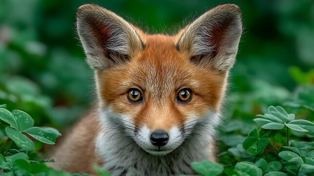 fox cub with oversized fluffy ears perched symmetrically on a bed of vibrant green clover, tiny pink nose centered in frame, enormous round amber eyes gazing directly into lens, soft natural 