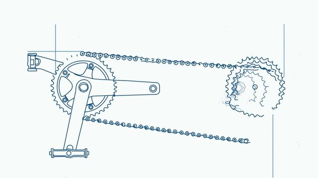 A blue technical diagram illustrates a bicycle drivetrain with crankset, pedals, chains, cassette, derailleur, and measurement arrows on a white background.
