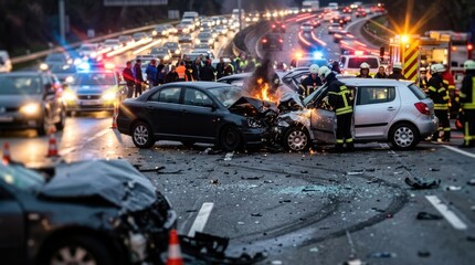 Fototapeta premium Multi-car accident scene with emergency responders and fire