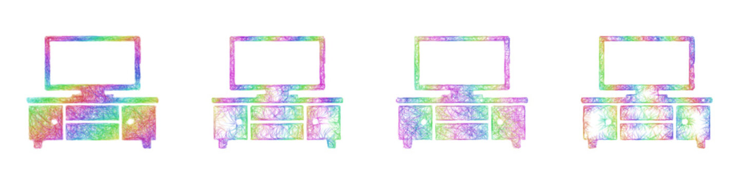 Multicolored sketch tv stand icon design set