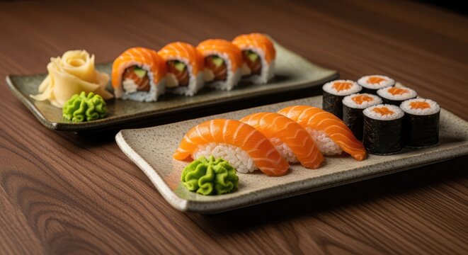 Two plates of sushi and sashimi on a wooden table with wasabi