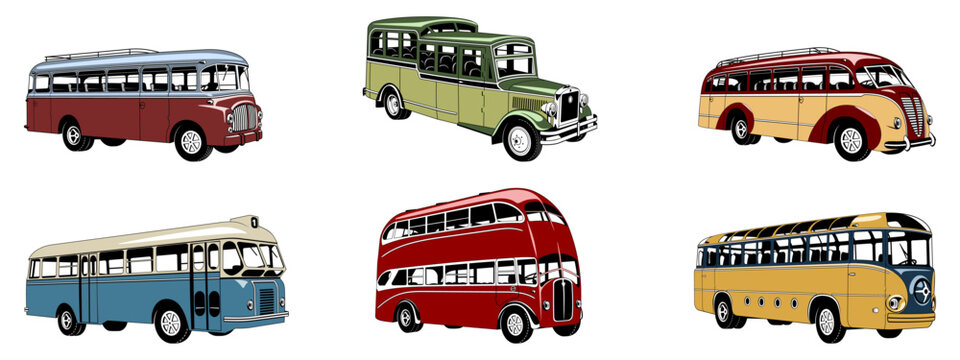 Retro Buses Set. Color vector cliparts isolated on white.
