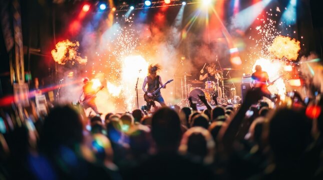 Rock concert with pyrotechnics and enthusiastic crowd