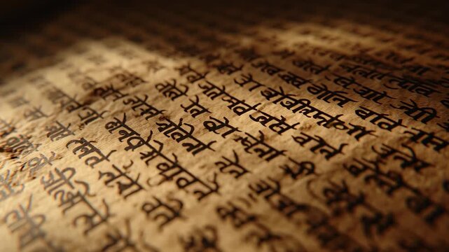 Ancient Hindi Script Inscribed on Parchment Paper in Warm Light