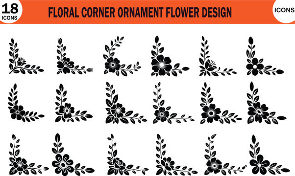 black floral corner ornament design bold flower shapes curved leaves swirls l shape clean white background vector illustration