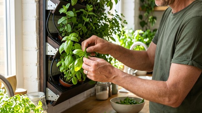 Pria Berkebun di Rumah Menggunakan Sistem Kebun Vertikal Hidroponik