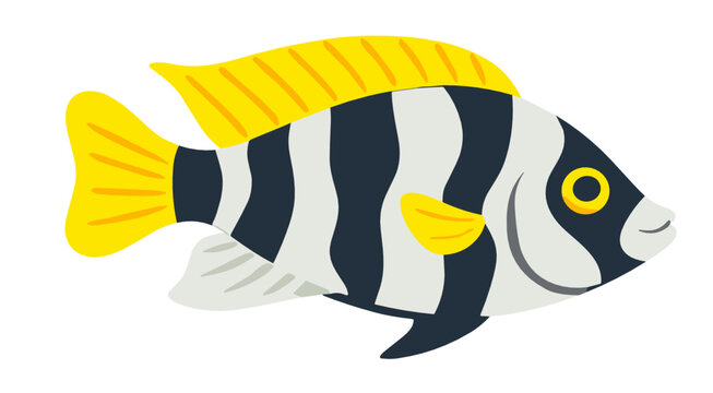 A bold tropical fish featuring striking black and white vertical stripes with yellow fins and tail, depicted in a flat cartoon style on a white background.