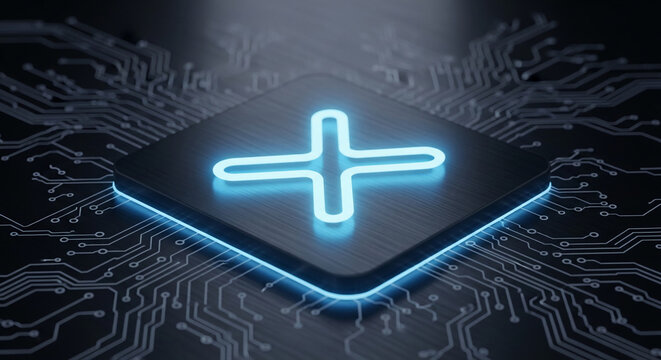 Glowing blue plus symbol on dark metallic circuit board, symbolizing innovation, technology, and advanced connection in a digital world