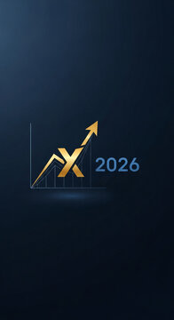 Golden arrow graph rising upwards next to the number 2026 on a dark blue background, symbolizing growth, finance, and future success