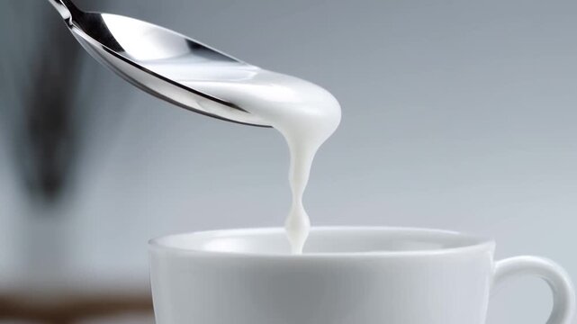 Perfect white milk droplet falling from silver spoon into pure white ceramic cup, smooth sphere, minimal studio light, clean reflection. Concept for premium dairy aesthetics