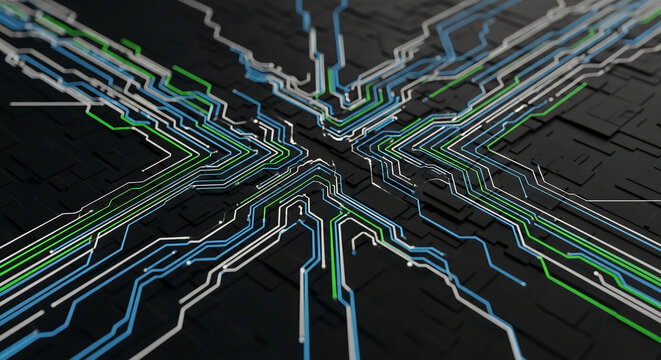 Abstract digital circuit board with glowing blue, green, and white lines on a dark textured surface, representing data flow and connectivity, ideal for technology and science themes
