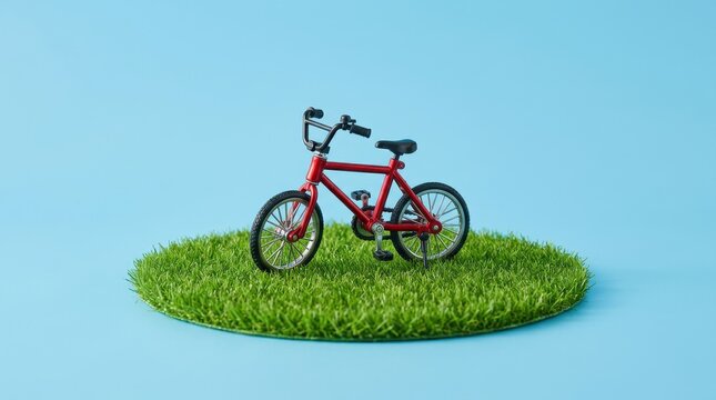 A red bicycle stands on a small patch of green grass on a blue background.