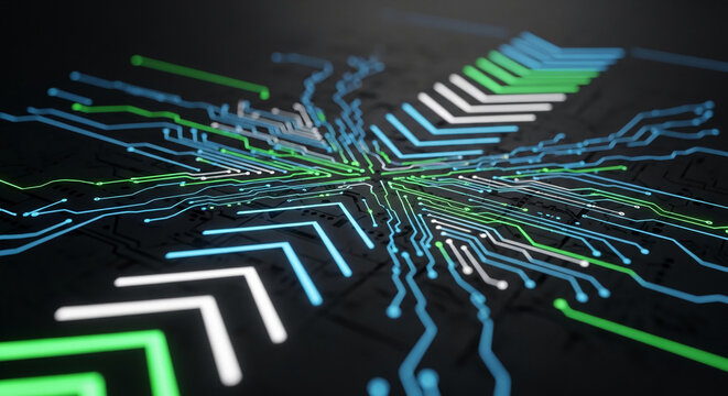 Abstract glowing circuit board with blue, green, and white lines, symbolizing technology, data flow, and innovation, perfect for digital or futuristic concepts