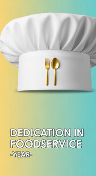Chef hat with golden fork and spoon, representing culinary excellence and dedication in the foodservice industry, with space for text and a gradient background