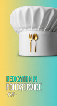 A clean chef's hat with golden fork and spoon, signifying culinary excellence and dedication in the foodservice industry, ideal for professional or recognition themes