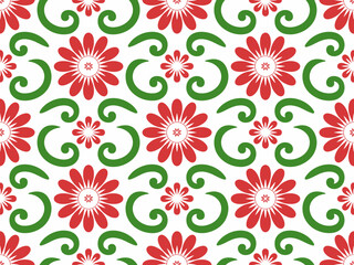 Obraz premium Seamless red flower and green swirl pattern white background, floral