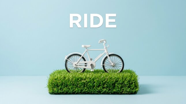 A white bicycle sits on a small patch of grass in a blue environment.