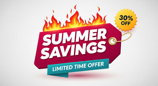 Red tag with "Summer Savings" and flames, symbolizing hot deals and limited time offers, alongside a "30% Off" badge.