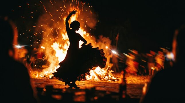 Silhouette of a Flamenco Dancer by a Bonfire at Night