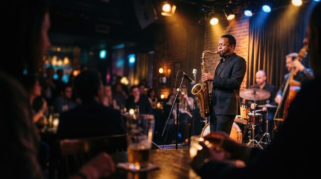 Saxophonist performing live jazz music in a dimly lit club with an audience