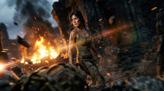 Lara Croft in a fiery ruin, looking determined