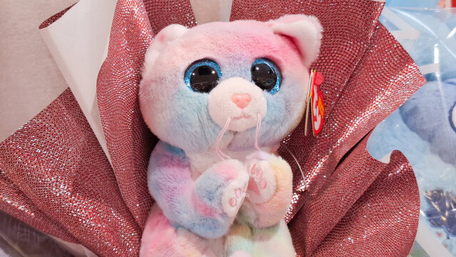 Adorable Ty Beanie Boos plush kitten bouquet with glitter eyes wrapped in decorative glittering paper for a creative celebration gift on April 27, 2026 in Bangkok, Thailand