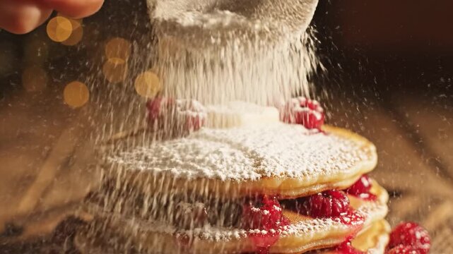 Powdered sugar pancake raspberry dessert sweet breakfast food stack close up syrup butter homemade fresh meal tasty golden table wooden natural organic kitchen cooking culinary delicious snack
