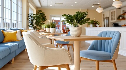 Fototapeta premium Inviting cafe interior features comfortable chairs, clean decor, and lush greenery, creating a warm atmosphere perfect for socializing or relaxing over coffee.