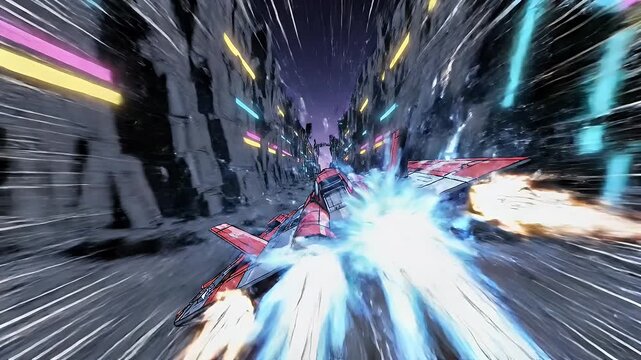 Red futuristic racer speeding through neon canyon in cartoon animation style