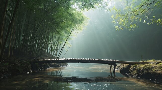 Traditional bamboo bridge crossing a small river in a misty Indonesian forest