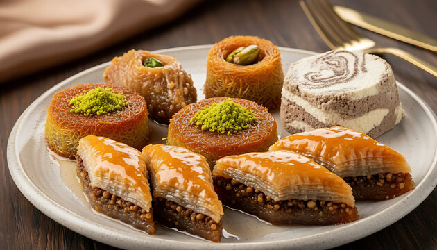 Assortment of traditional middle eastern pastries on a plate