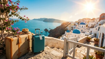 Obraz premium Luggage on a balcony overlooking a scenic Greek island village and ocean