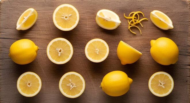 Lemons and lemon slices arranged on a wooden cutting board for cooking or baking purposes with zesty citrus fruits