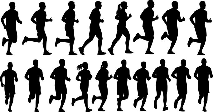 Running men and women, isolated vector silhouettes. Run, side view. Silhouettes of athletic looking male and female runners running. Transparent EPS version.