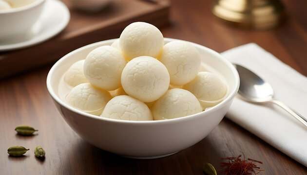 A bowl of delicious rasgulla dessert on a wooden table