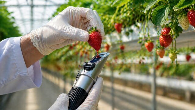 Agronomist using digital refractometer to check strawberry sugar level in modern greenhouse. Professional specialist performing quality analysis for food sector-specific manufacturer unit.