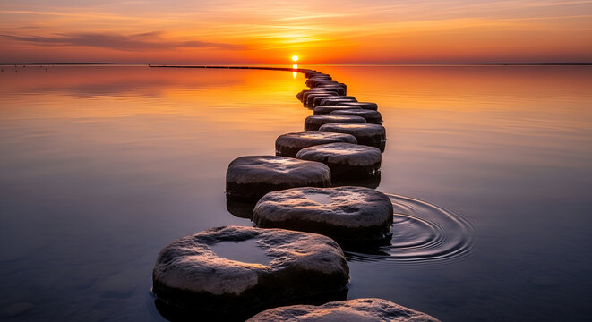 stepping stones curves gracefully across the calm water of a golden ocean at sunset. Peaceful journey ahead towards new dawn. serene Natural Journey & Personal Growth