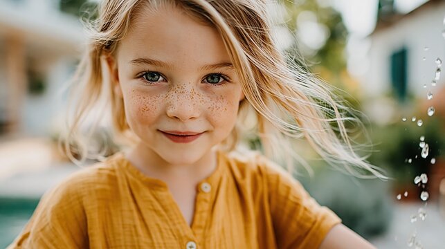 A charming image of a young girl with freckles smiling joyfully while playing with water outdoors, capturing the innocence and happiness of childhood in a sunny environment.