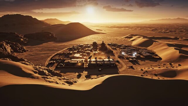 Futuristic Desert Colony with Satellite Dishes and Industrial Structures at Sunset, Sci Fi Outpost, Remote Civilization and Survival Concept
