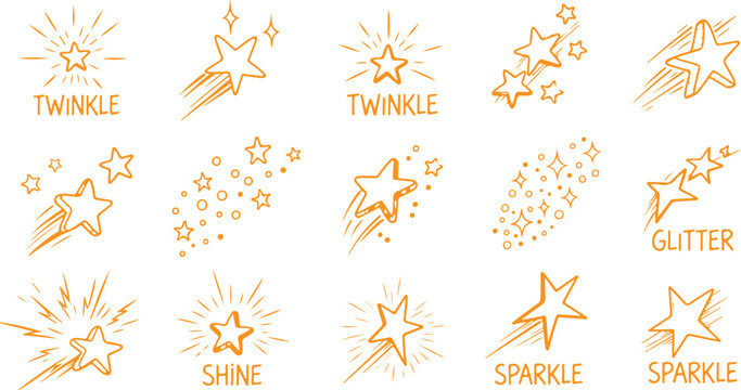 A vibrant collection of orange hand-drawn star doodles featuring shooting stars, twinkling effects, and sparkles with sketchy lines and playful typography for magical and celebratory designs.