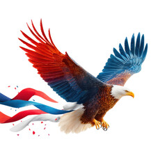 Fototapeta premium Eagle with colorful ribbon flying in tribute design with red white and blue feathers and dynamic motion effect